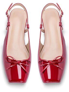 Women's Maroon Slingback Square Toe Bow Knit Ankle Buckle Satin Ballet Flats